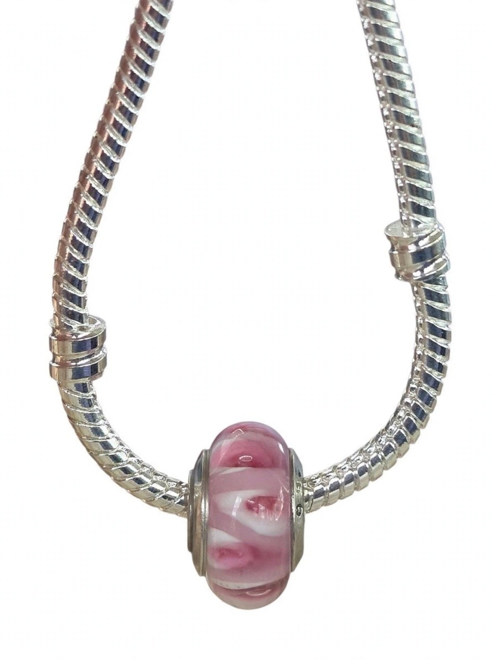 Stunning Pink Floral Murano Glass Charm Bead - 925 Sterling Silver Core